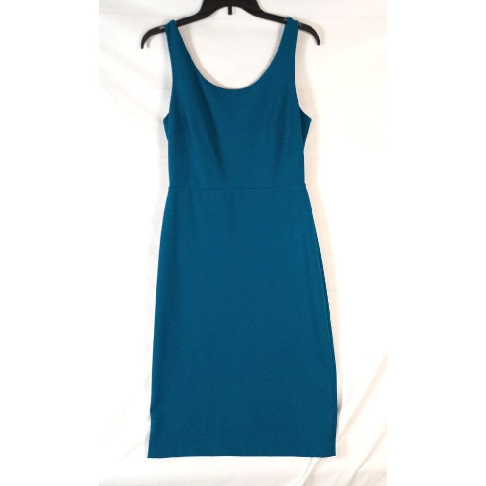 Betsey Johnson Teal Blue Crepe Sheath Midi Dress Sleeveless 6 Sexy Scoop Neck